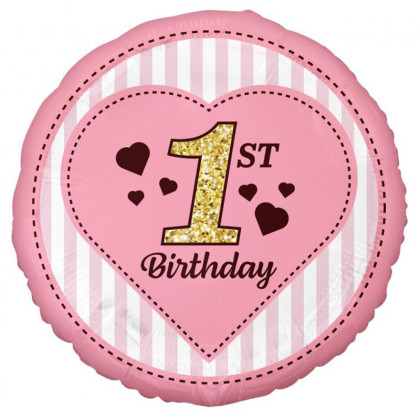 FOIL 18'' 1ST BIRTHDAY ΡΟΖ ΜΕ ΚΑΡΔΙΑ